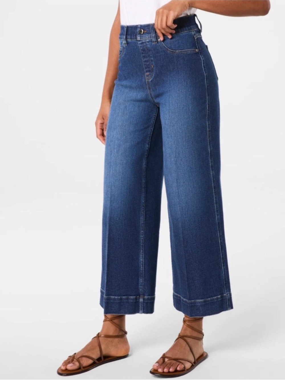 SPANX Cropped Wide Leg Pull-On Jeans Medium Dark Wash Shaping Denim Size Large